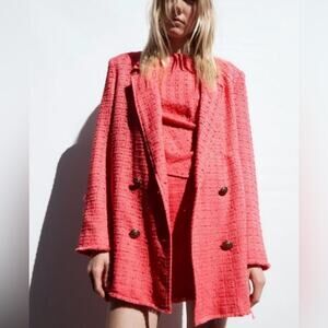 Zara Pink Double Breasted Textured Tweed Blazer Medium